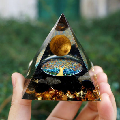 Celestial Harmony™: Natural Tiger Eye & Amethyst Orgone Energy Pyramid – Reiki Healing & Chakra Amplifier