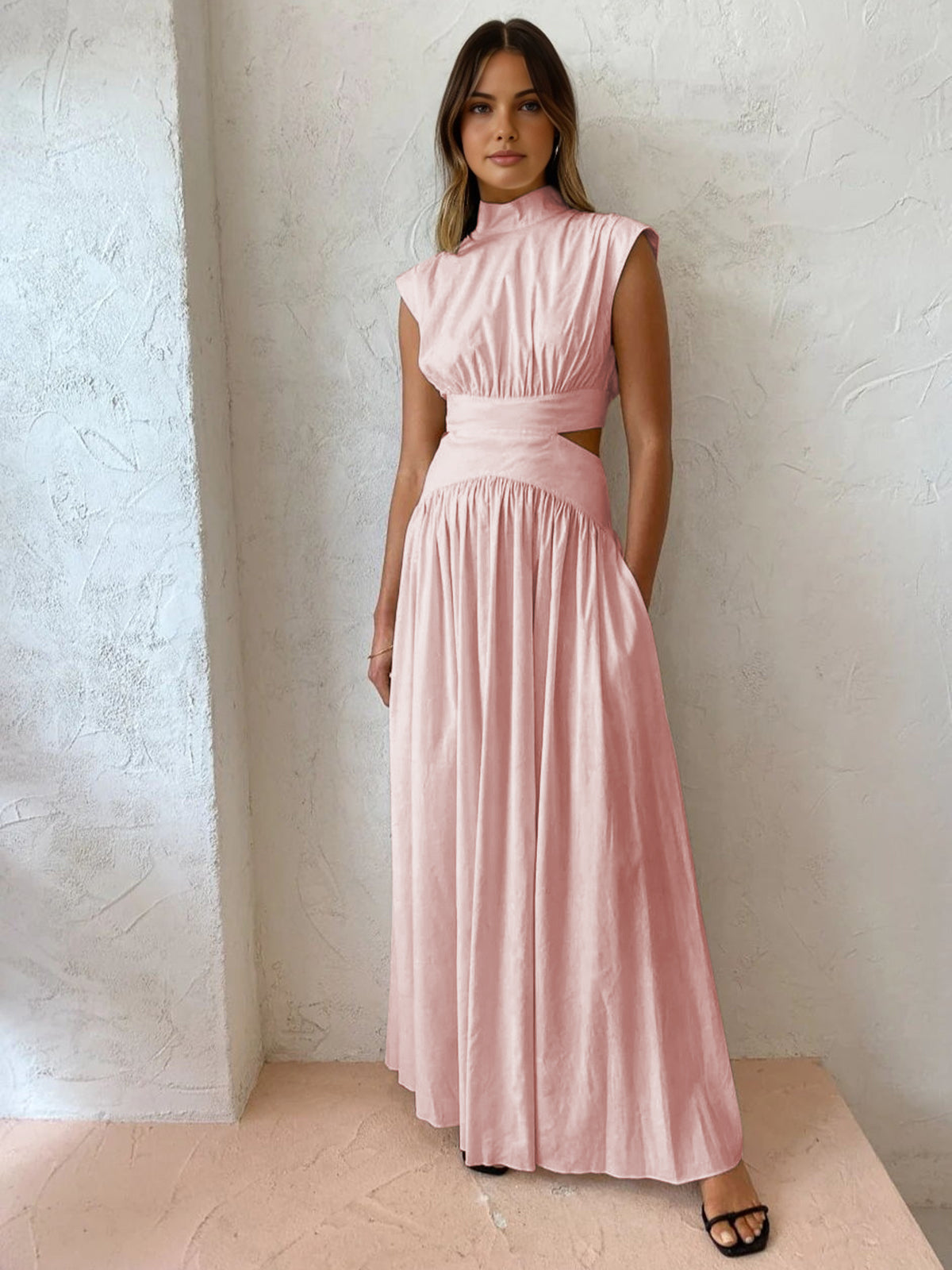 Chic Mock Neck Long Dress with Stylish Cut-Outs