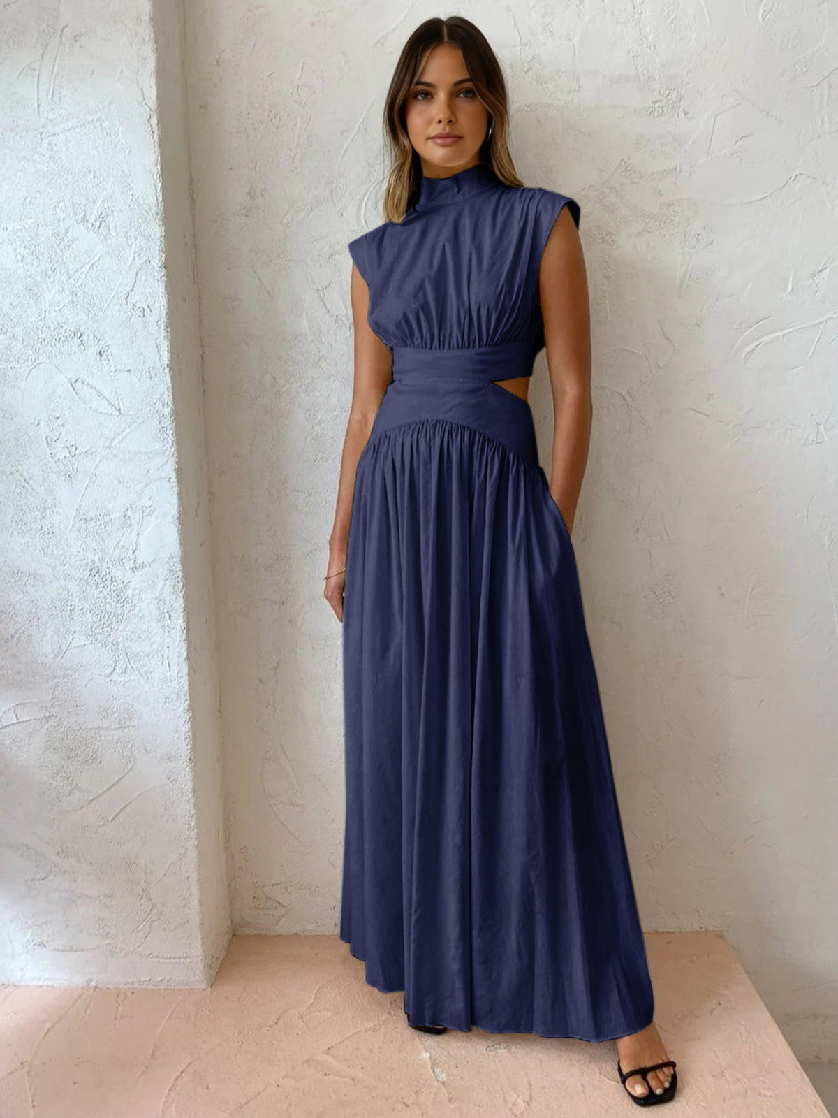 Chic Mock Neck Long Dress with Stylish Cut-Outs