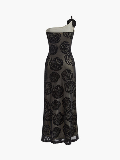 Elegant Jacquard Floral Asymmetrical Maxi Dress