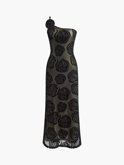 Elegant Jacquard Floral Asymmetrical Maxi Dress