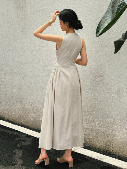 Elegant Cotton & Linen Pleated Cutout Maxi Dress