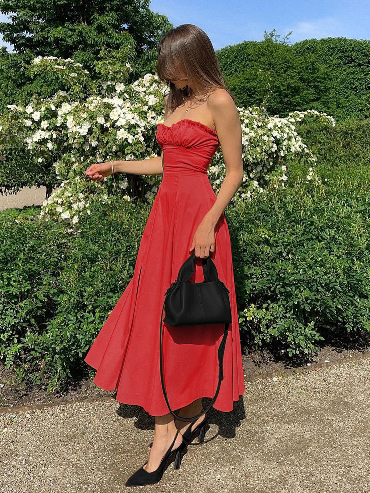 Chic Lettuce Trim Slit Midi Dress for Effortless Style