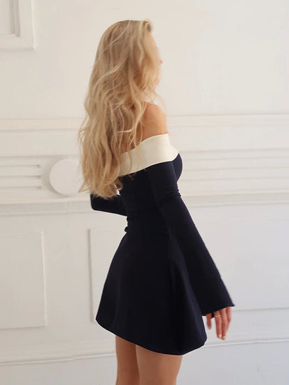 Chic Color Block Off-Shoulder Long Sleeve Mini Dress