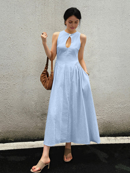 Elegant Cotton & Linen Pleated Cutout Maxi Dress